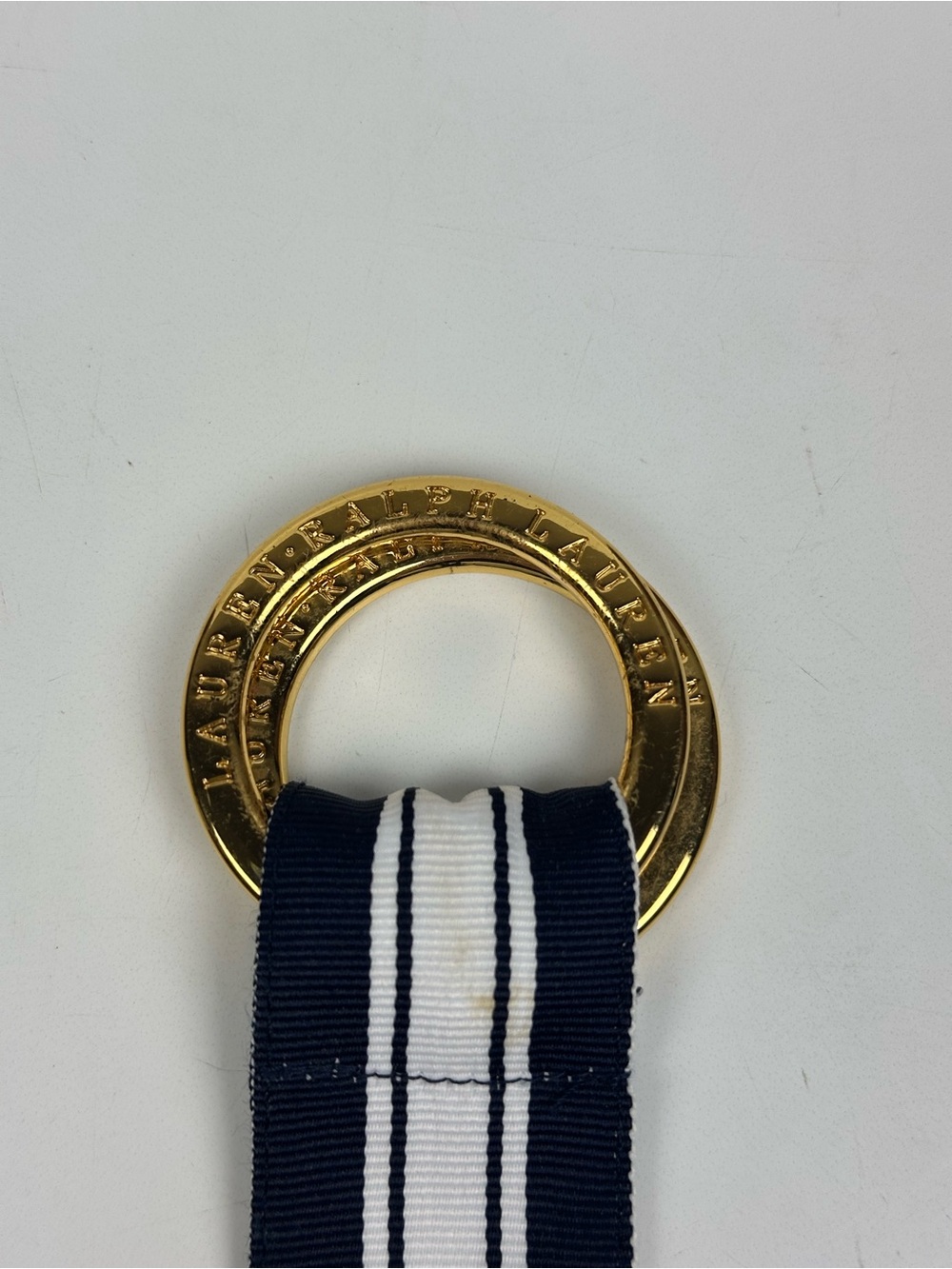 Lauren Ralph Lauren Navy and White Striped Ribbon Belt with Gold Ring - Picture 11 of 12